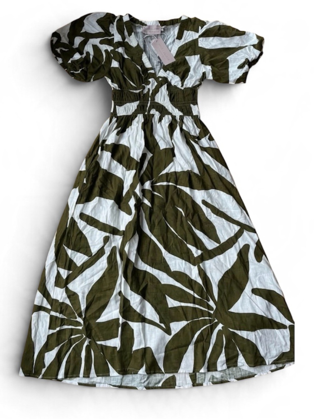 Leaf-Print Midi Dress in Olive Green and White